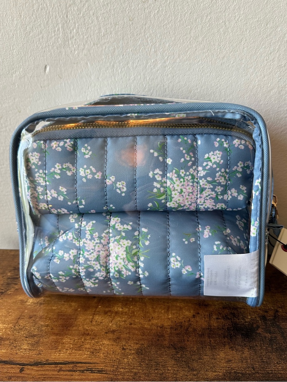Ted Baker 3 Piece Blue Quilted Floral & Clear Cosmetic Bag Pouches NWT - Picture 2 of 8